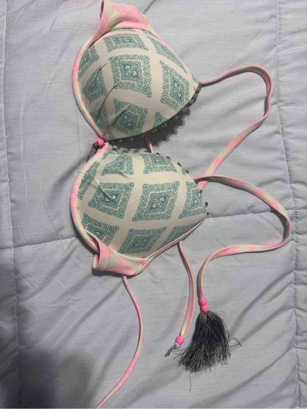 Victoria's Secret Cream Bikini Top with Teal Print and Pink Straps